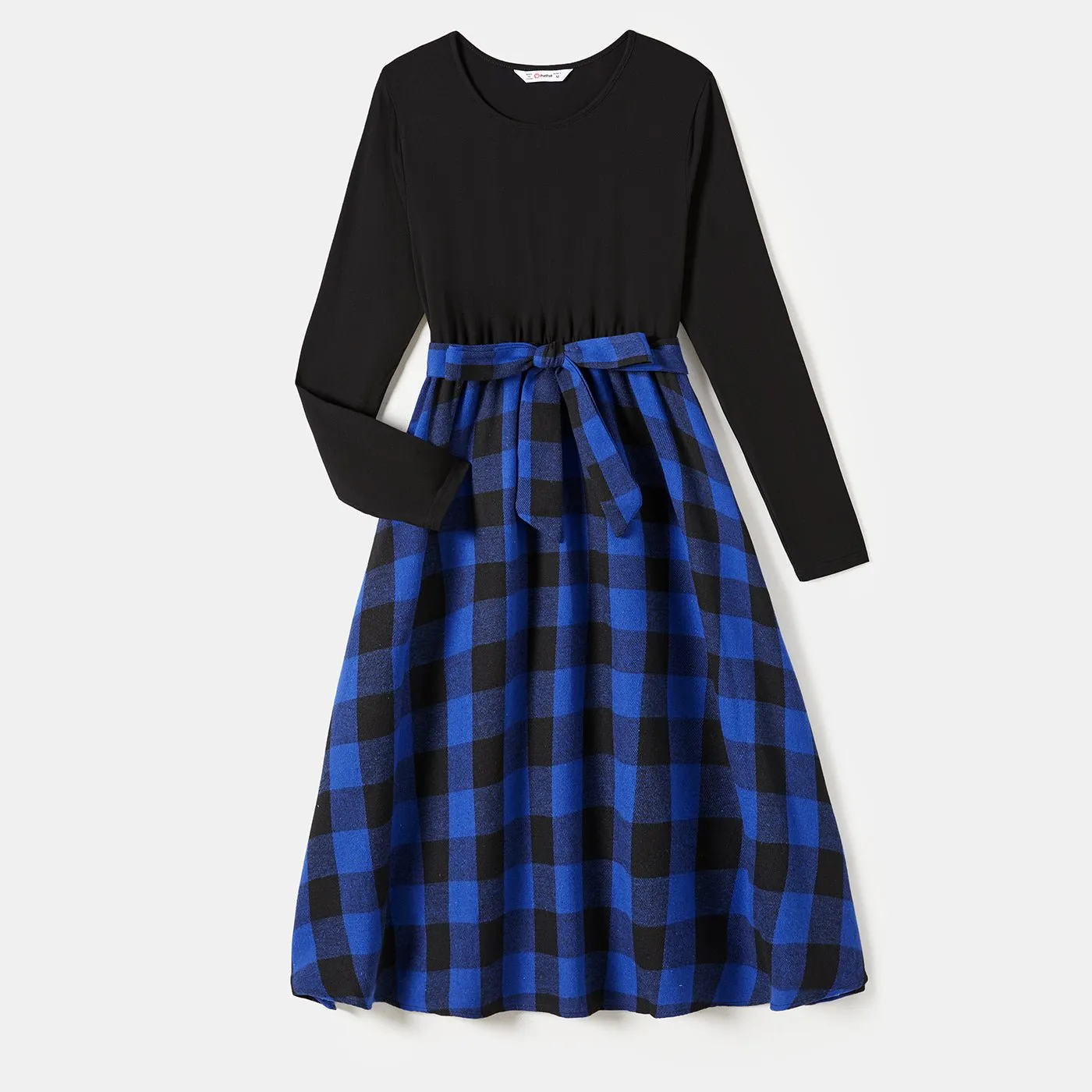 Family Matching Blue Long-sleeve Splicing Plaid Dresses and Polo Shirts Sets