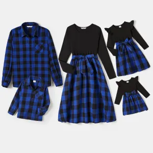 Family Matching Blue Long-sleeve Splicing Plaid Dresses and Polo Shirts Sets