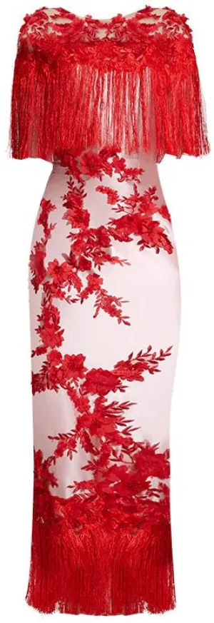 Floral Appliques Embroidered Fringed Evening Dress *Limited Stock*