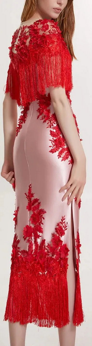 Floral Appliques Embroidered Fringed Evening Dress *Limited Stock*