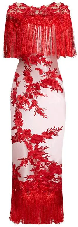 Floral Appliques Embroidered Fringed Evening Dress *Limited Stock*