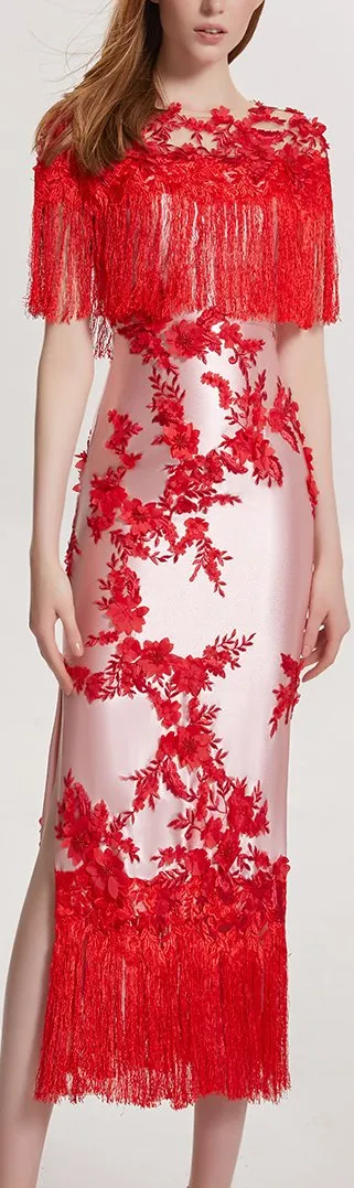 Floral Appliques Embroidered Fringed Evening Dress *Limited Stock*