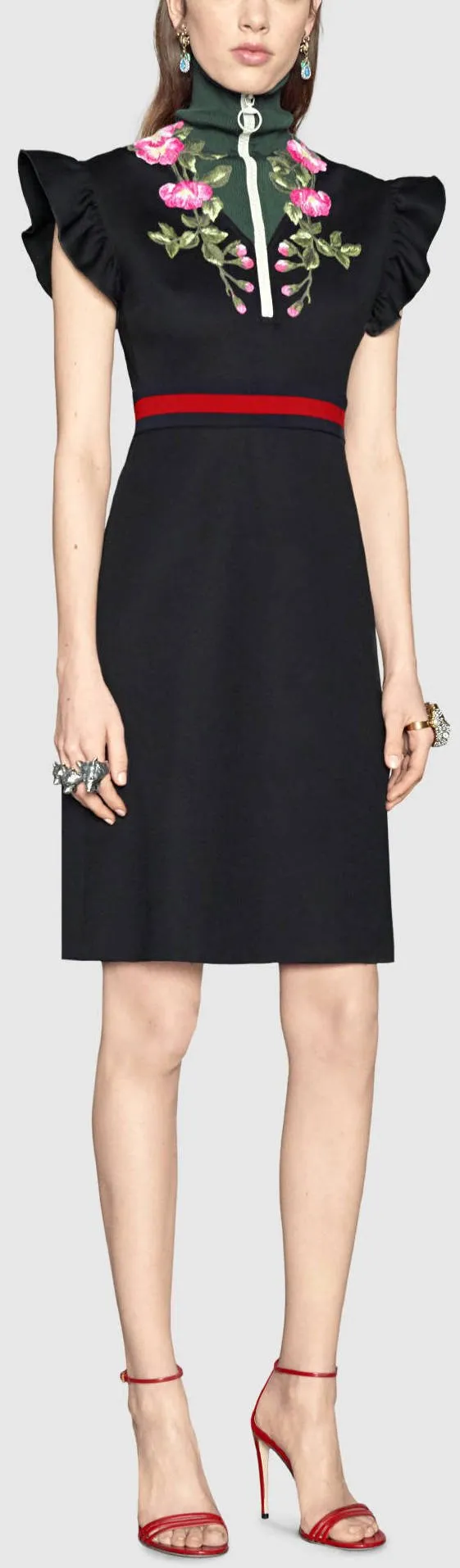 Floral-Embroidered Zip-up High Neck Web-Trim Dress