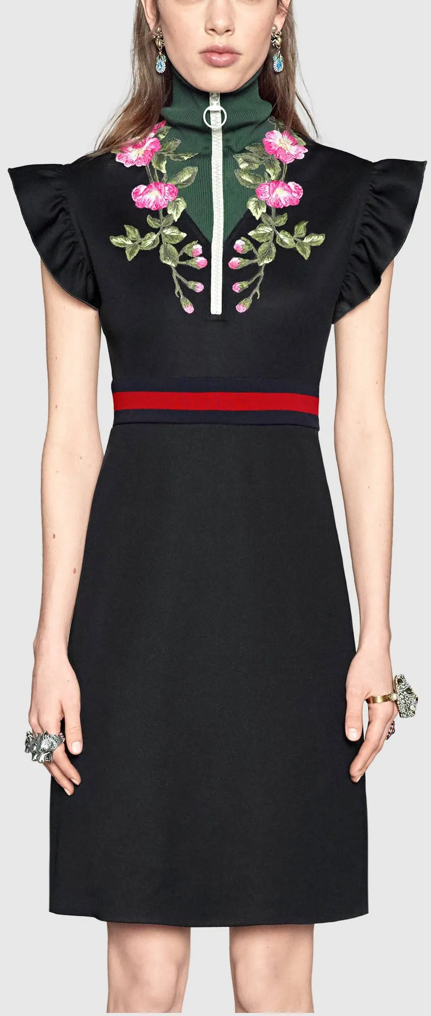 Floral-Embroidered Zip-up High Neck Web-Trim Dress