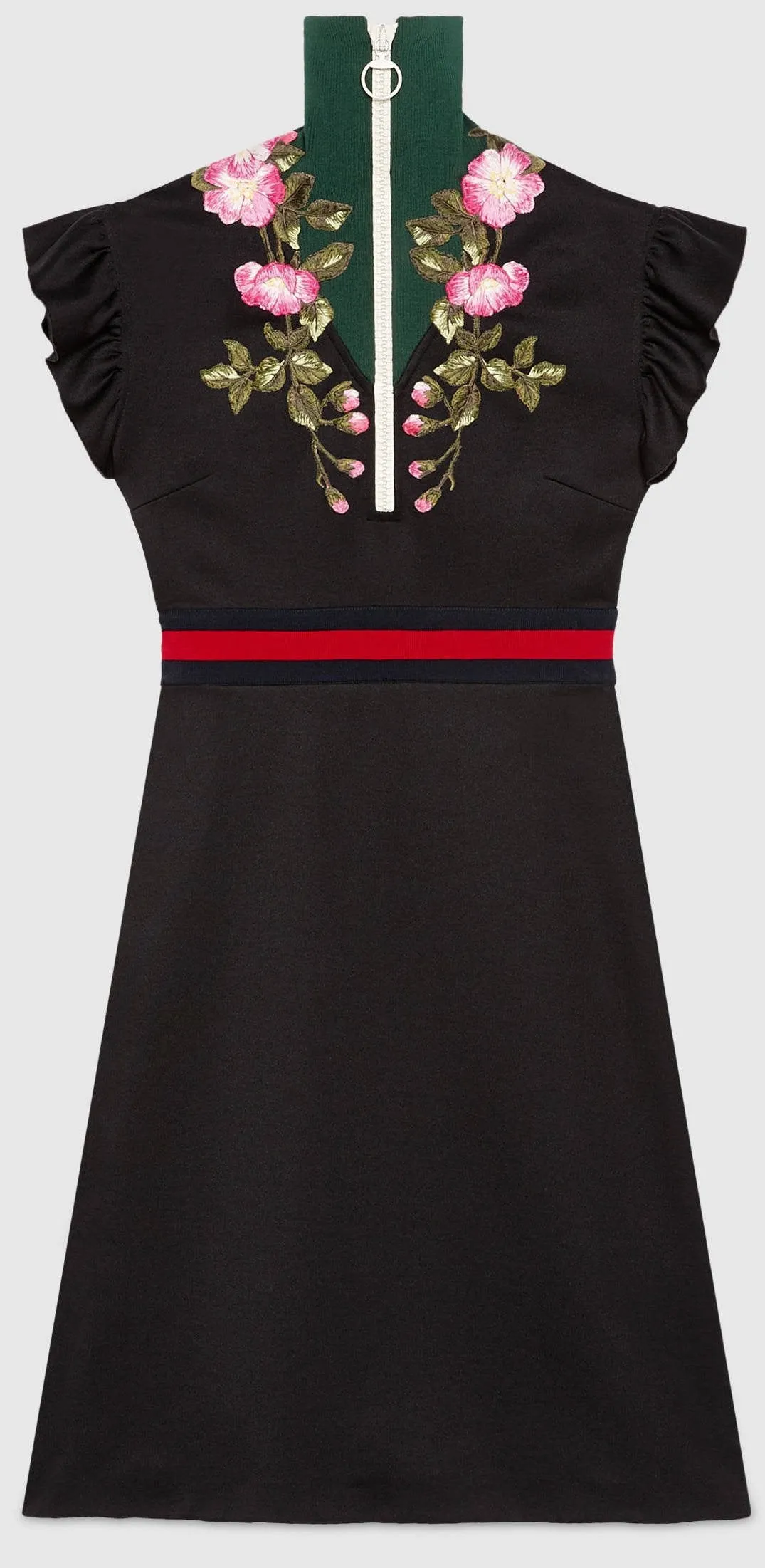 Floral-Embroidered Zip-up High Neck Web-Trim Dress