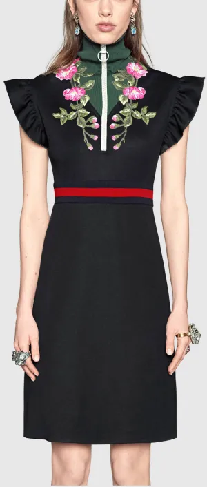 Floral-Embroidered Zip-up High Neck Web-Trim Dress