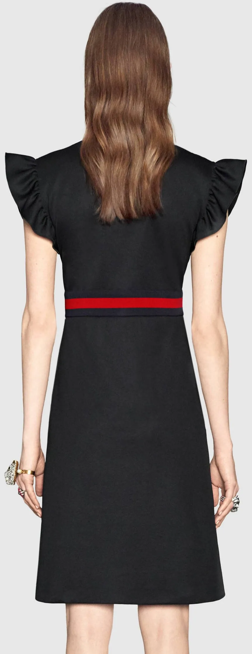 Floral-Embroidered Zip-up High Neck Web-Trim Dress
