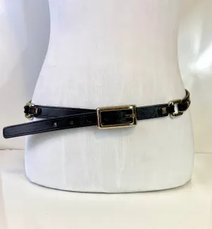 Fossil Black Leather Belt with Silver Tone Metal Buckle & Link Accents