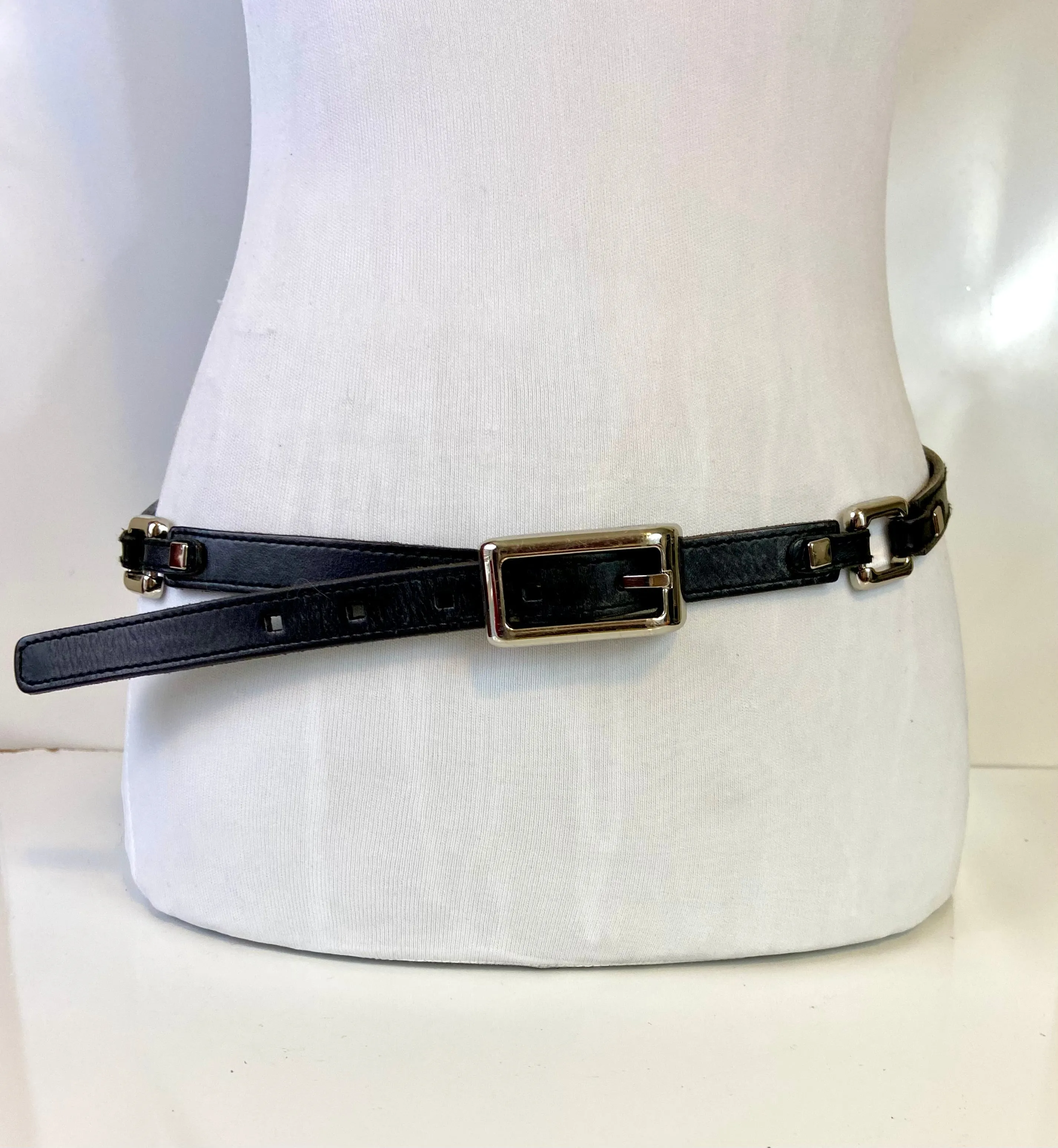 Fossil Black Leather Belt with Silver Tone Metal Buckle & Link Accents