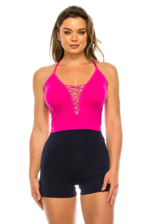 Fuchsia Seamless Ribbed Tank Top with Lace V Neck