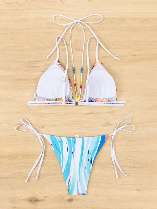 Graffiti Print 2 Piece Beads Swimwear - Wireless Bra & Bikini String