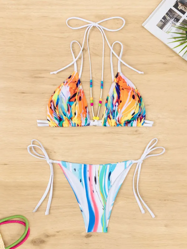 Graffiti Print 2 Piece Beads Swimwear - Wireless Bra & Bikini String