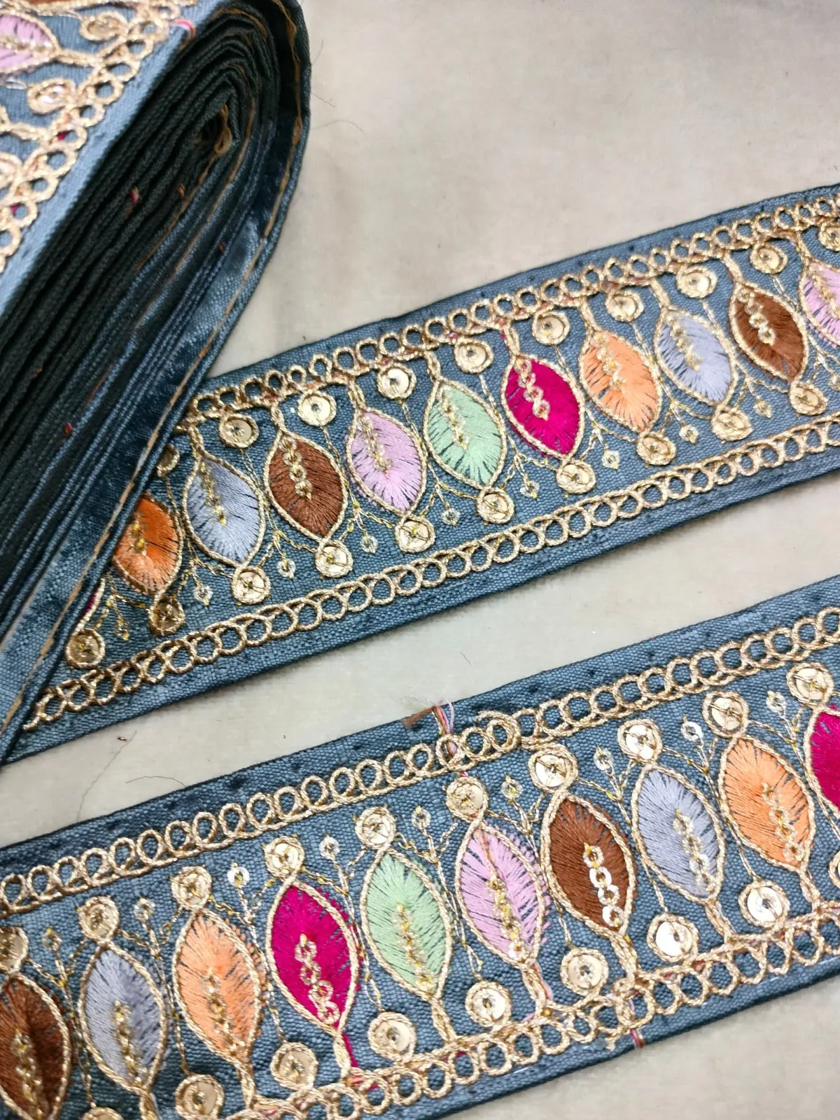 Gray Multicolor Embroidery Work Lace