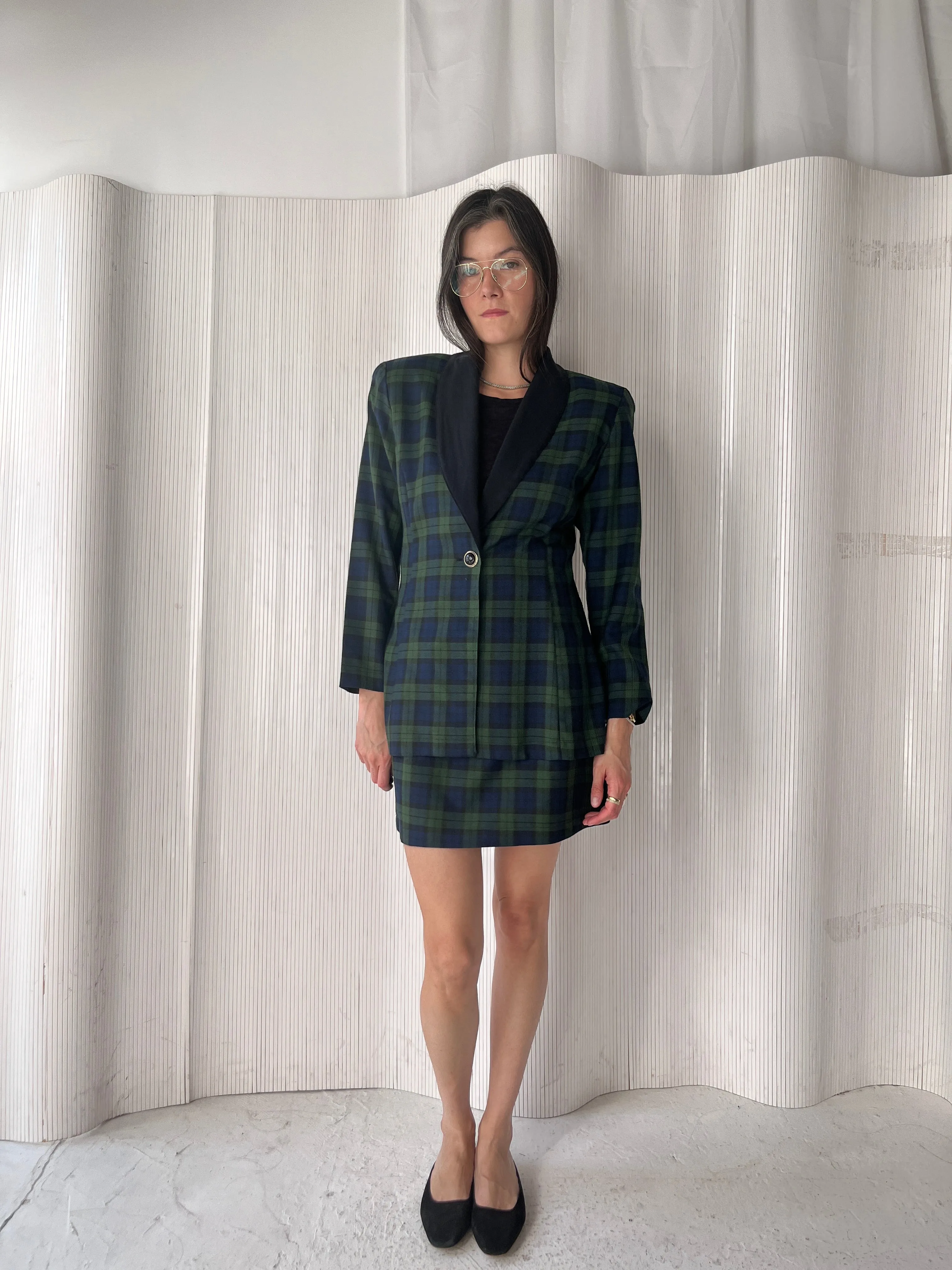 Green & navy plaid skirt suit