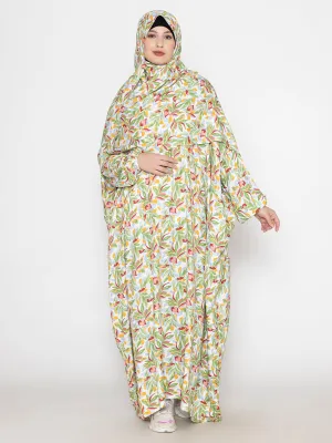 Green Crimson Viscose Leaf Print Prayer Gown