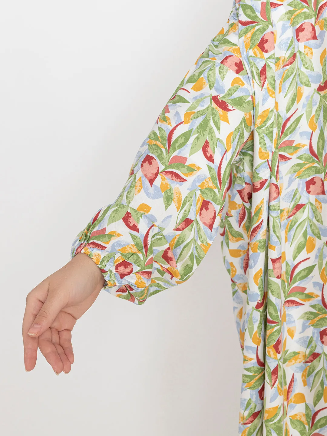 Green Crimson Viscose Leaf Print Prayer Gown