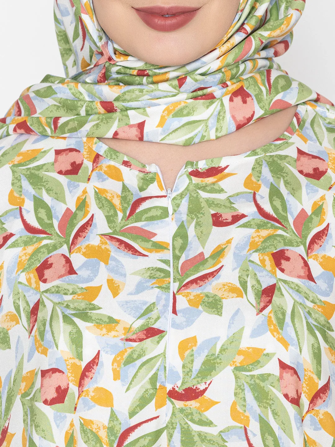 Green Crimson Viscose Leaf Print Prayer Gown