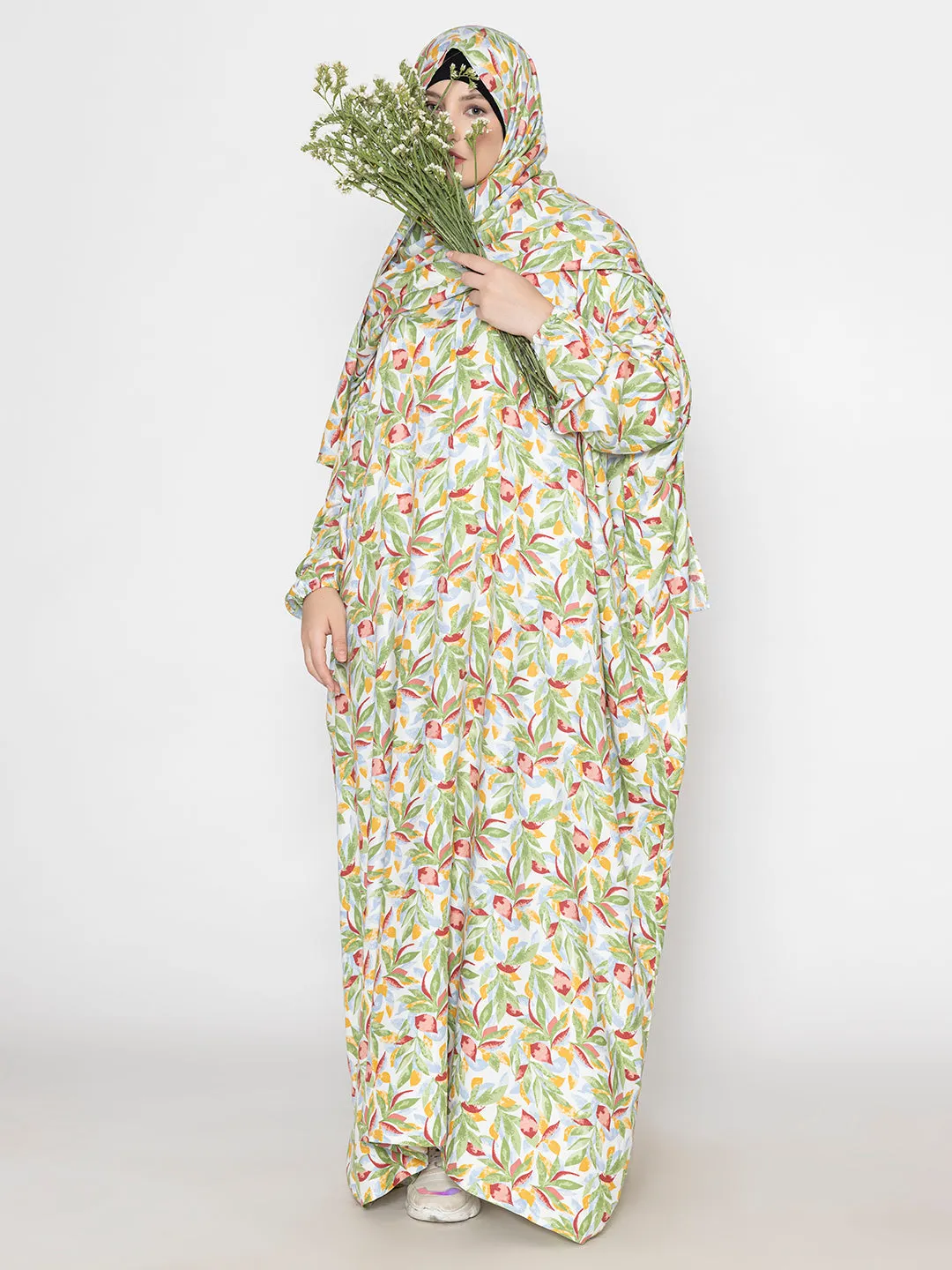 Green Crimson Viscose Leaf Print Prayer Gown