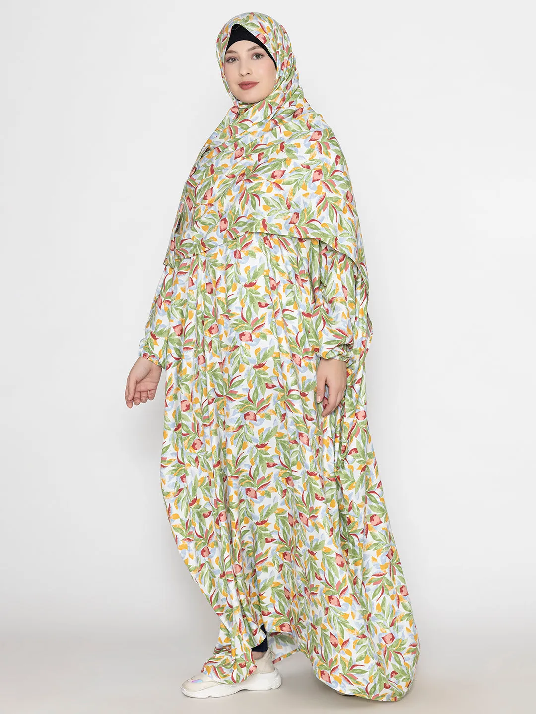 Green Crimson Viscose Leaf Print Prayer Gown