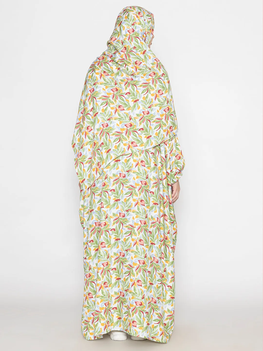 Green Crimson Viscose Leaf Print Prayer Gown