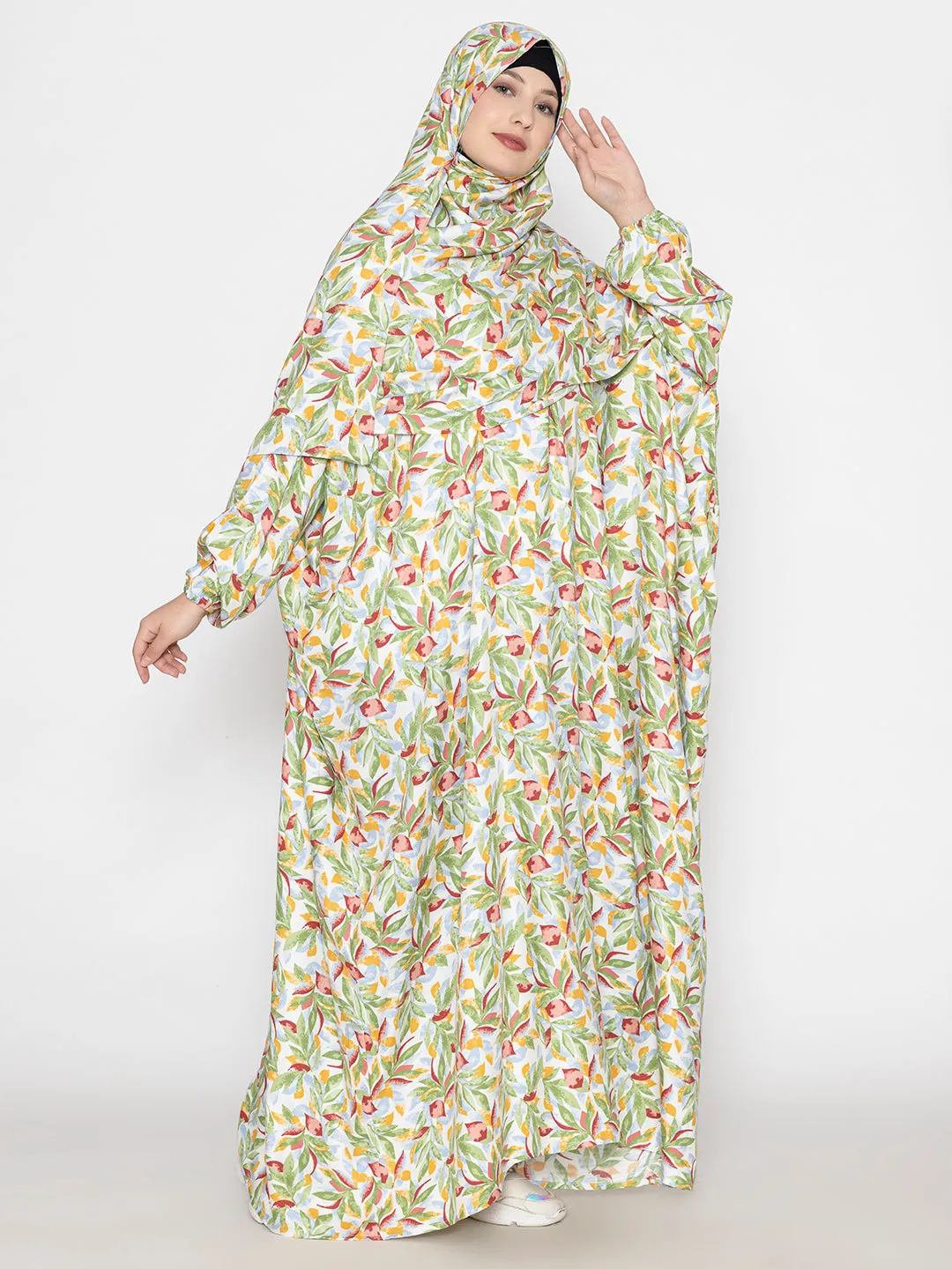 Green Crimson Viscose Leaf Print Prayer Gown