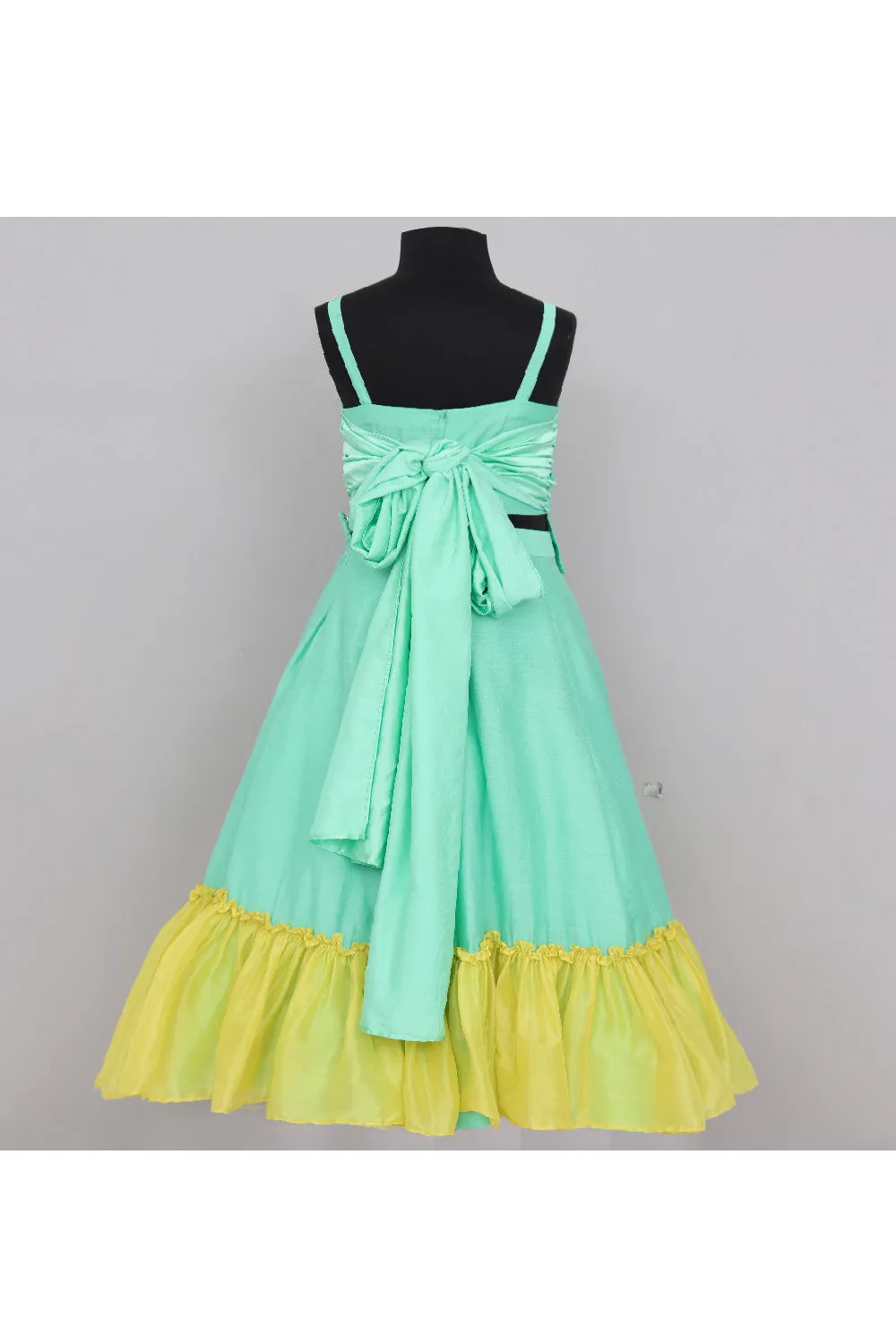 Green Silk Sleeveless Top With Embroidered Lehenga Set