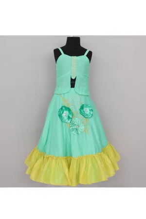Green Silk Sleeveless Top With Embroidered Lehenga Set