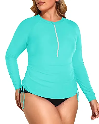Half Zip Long Sleeve Rash Guard Two Piece Plus Size Swimsuit Set-Aqua And Black