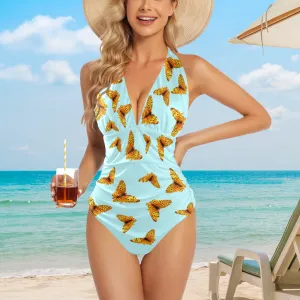 Halter V Neck One Piece Butterfly Light Blue