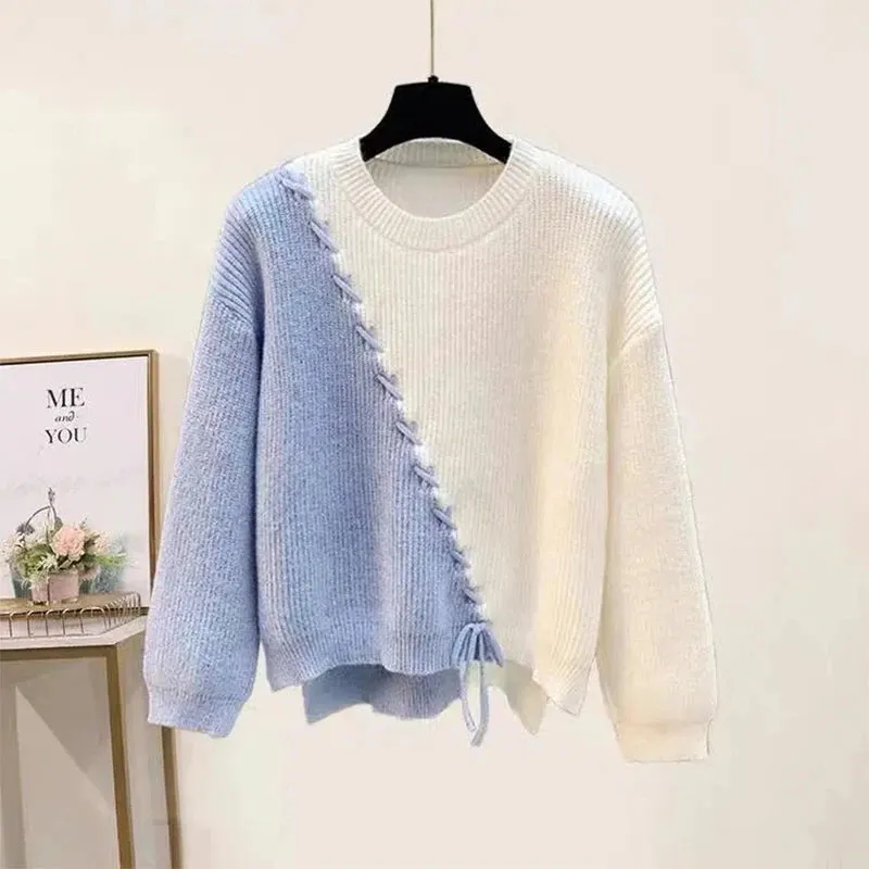 Lace-Up White/Baby Blue Colorblock Knitted Spliced O-Neck Sweater   Bowtie Gradient Gauze Maxi Skirt 2-Piece Set