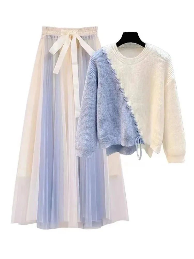 Lace-Up White/Baby Blue Colorblock Knitted Spliced O-Neck Sweater   Bowtie Gradient Gauze Maxi Skirt 2-Piece Set