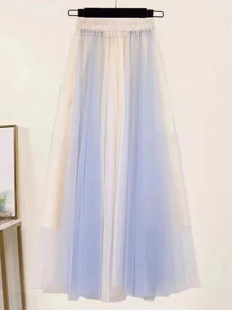 Lace-Up White/Baby Blue Colorblock Knitted Spliced O-Neck Sweater   Bowtie Gradient Gauze Maxi Skirt 2-Piece Set