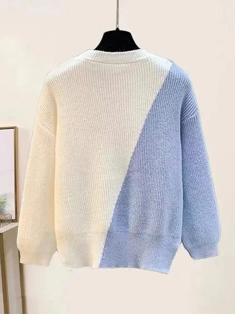 Lace-Up White/Baby Blue Colorblock Knitted Spliced O-Neck Sweater   Bowtie Gradient Gauze Maxi Skirt 2-Piece Set