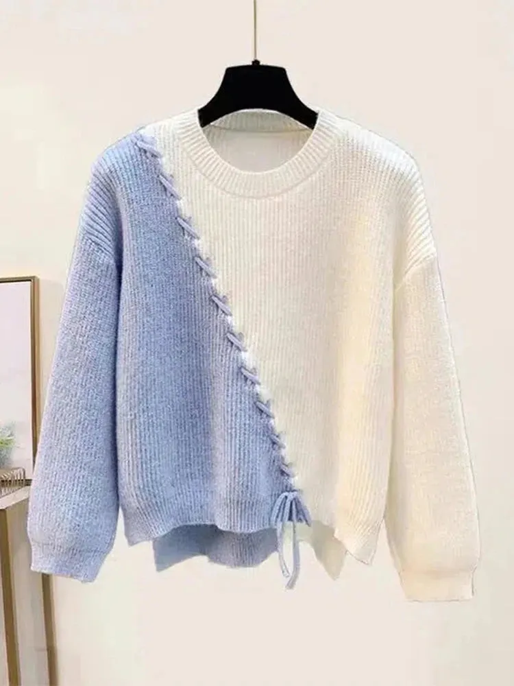 Lace-Up White/Baby Blue Colorblock Knitted Spliced O-Neck Sweater   Bowtie Gradient Gauze Maxi Skirt 2-Piece Set