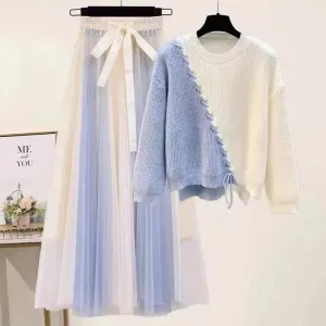 Lace-Up White/Baby Blue Colorblock Knitted Spliced O-Neck Sweater   Bowtie Gradient Gauze Maxi Skirt 2-Piece Set