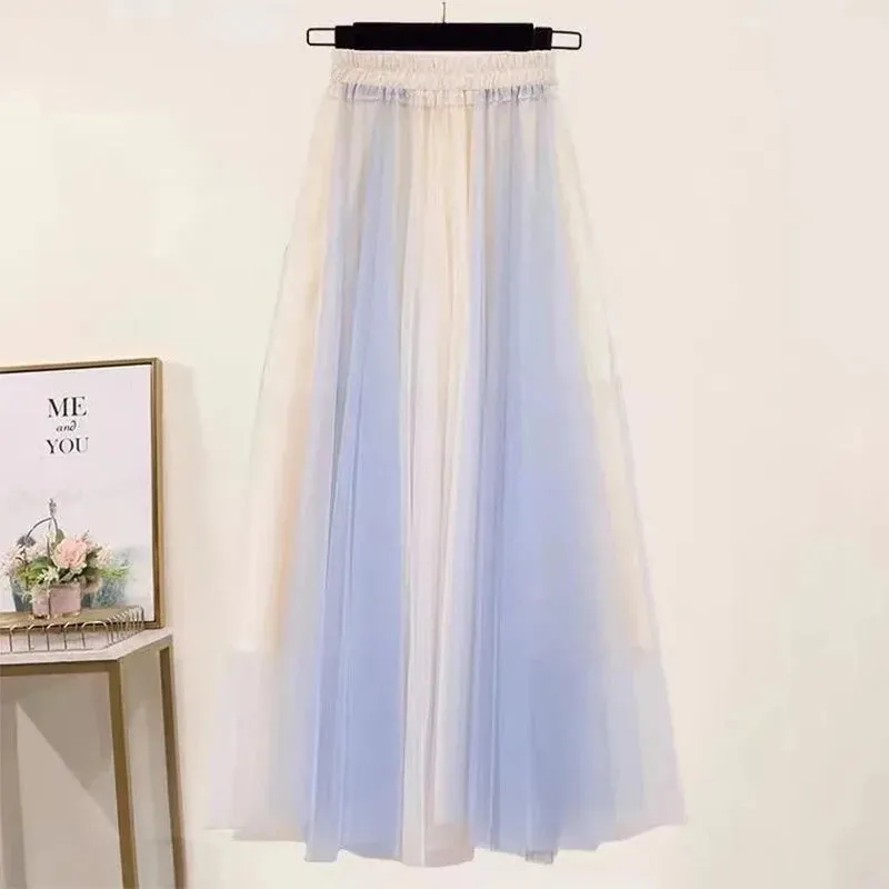 Lace-Up White/Baby Blue Colorblock Knitted Spliced O-Neck Sweater   Bowtie Gradient Gauze Maxi Skirt 2-Piece Set