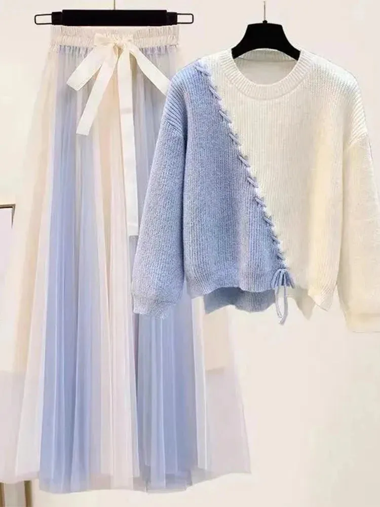 Lace-Up White/Baby Blue Colorblock Knitted Spliced O-Neck Sweater   Bowtie Gradient Gauze Maxi Skirt 2-Piece Set
