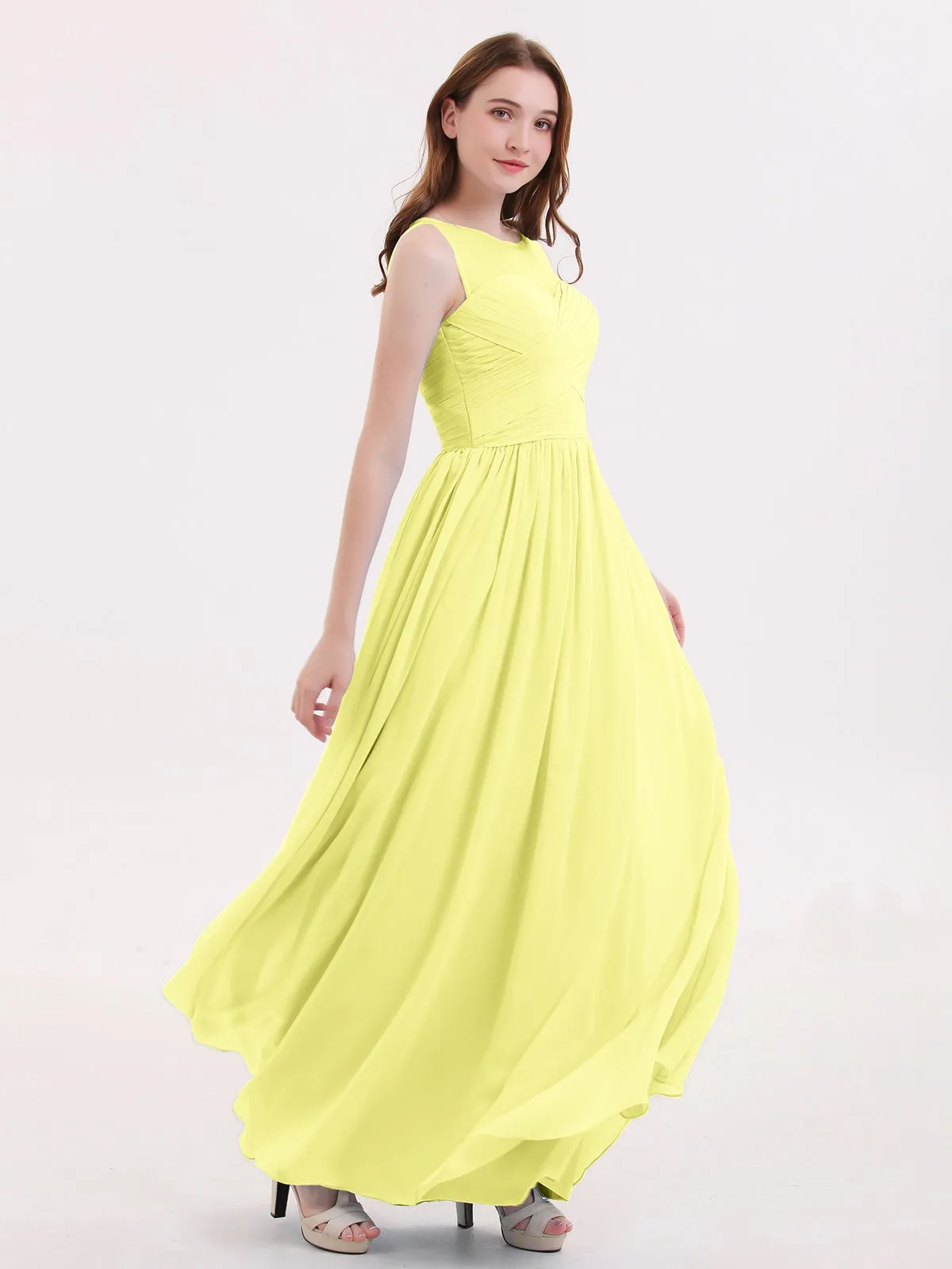 Long Chiffon Gowns with Illusion Neckline-Daffodil