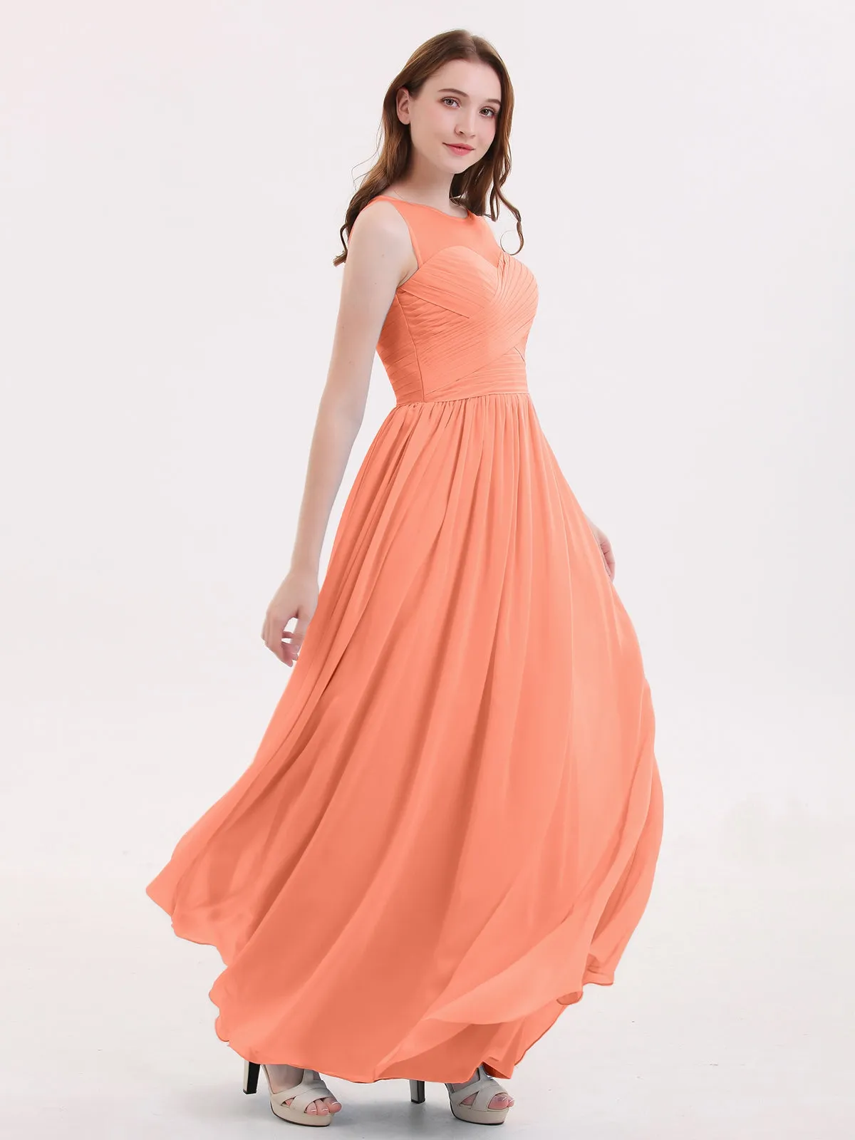 Long Chiffon Gowns with Illusion Neckline-Sunset