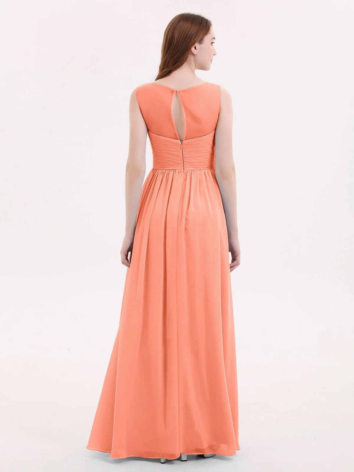 Long Chiffon Gowns with Illusion Neckline-Sunset