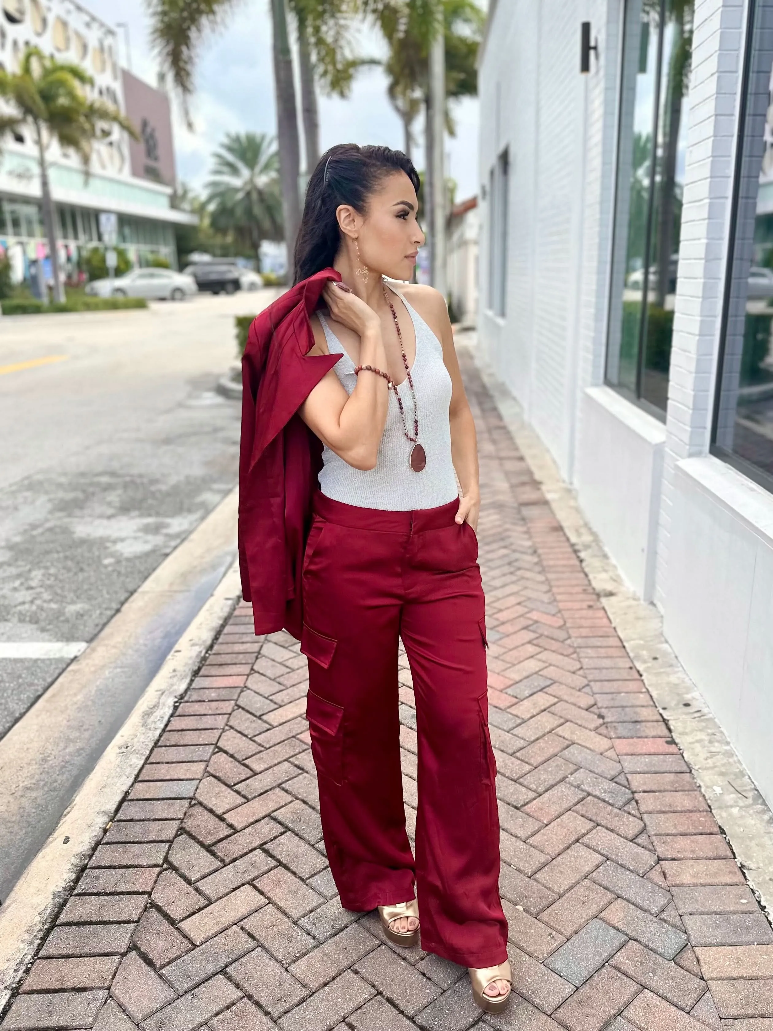 Maroon Satin-Feel Blazer