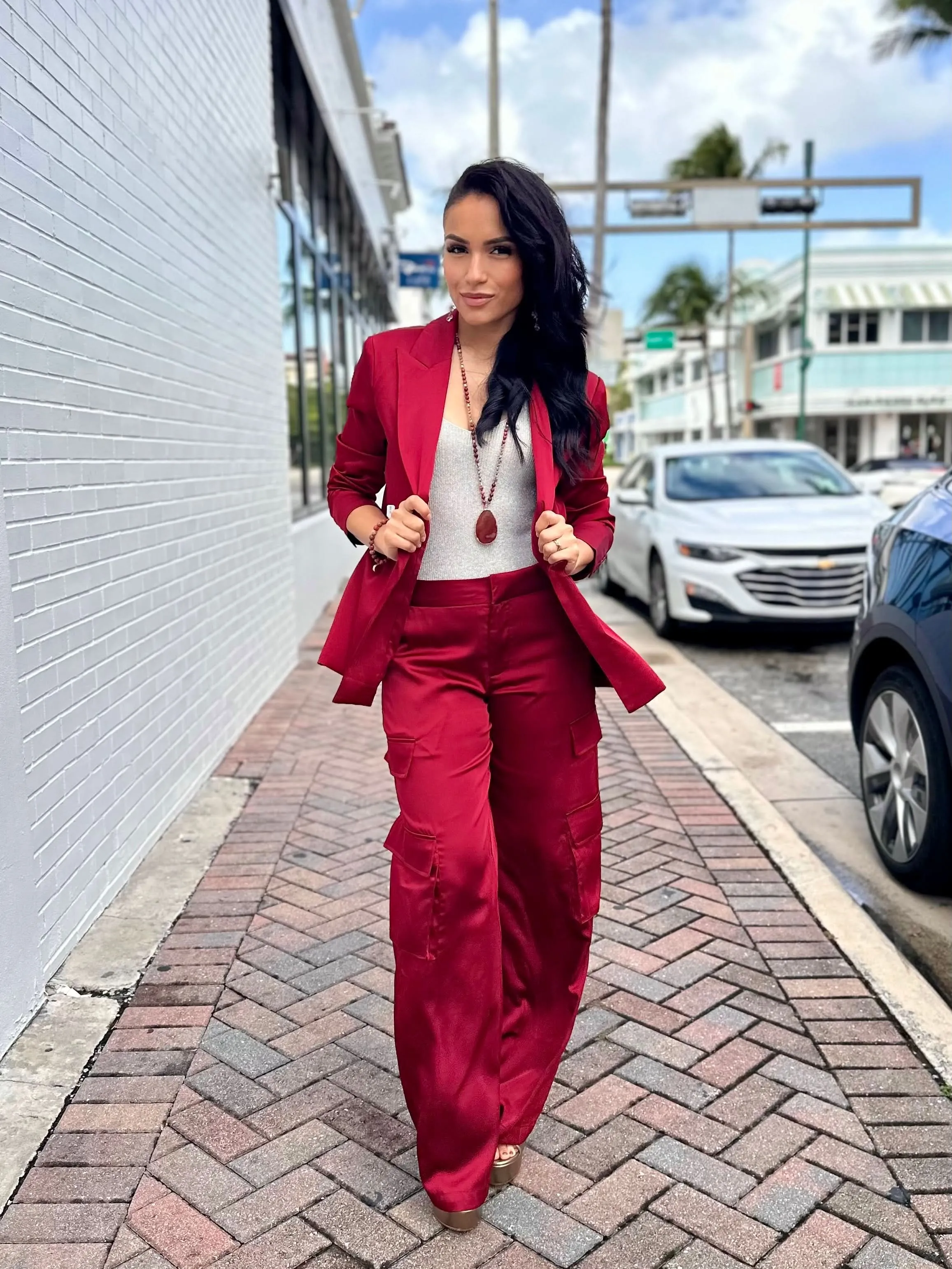 Maroon Satin-Feel Blazer