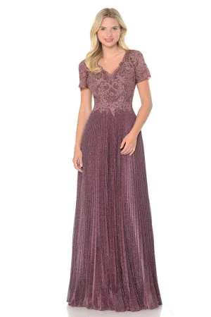 Mauve Embroidered Sleeved Diamond Pleated Formal Dress