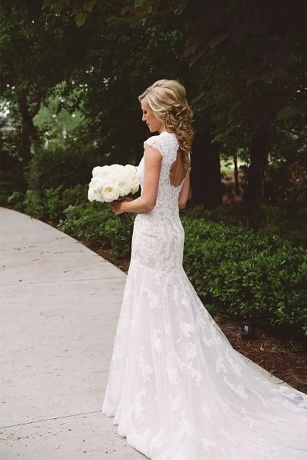 Modest Lace Wedding Dresses with Appliques,Cap Sleeves Open Back Wedding Gowns 2018 PFW0222