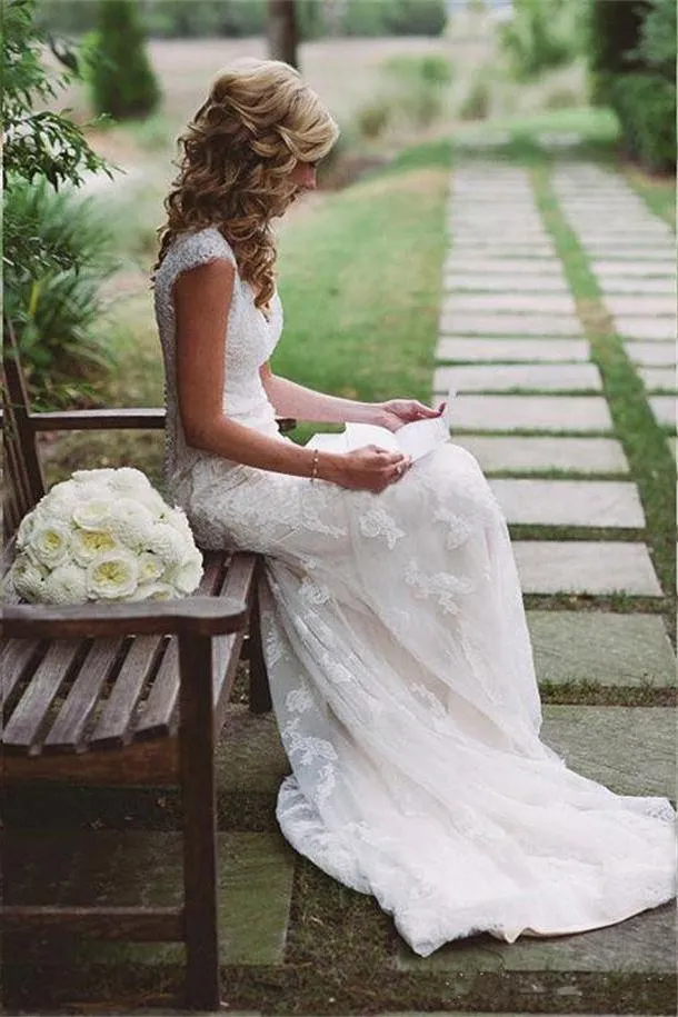 Modest Lace Wedding Dresses with Appliques,Cap Sleeves Open Back Wedding Gowns 2018 PFW0222