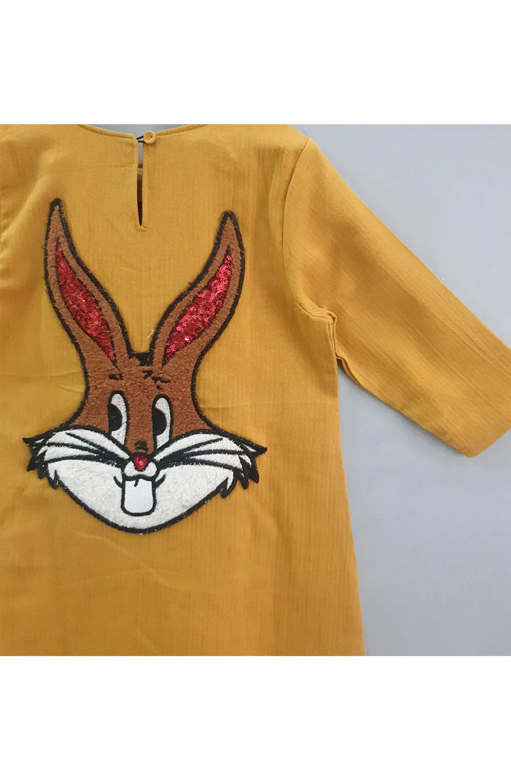 Mustard Yellow Thread Embroidered Bunny Linen Dress