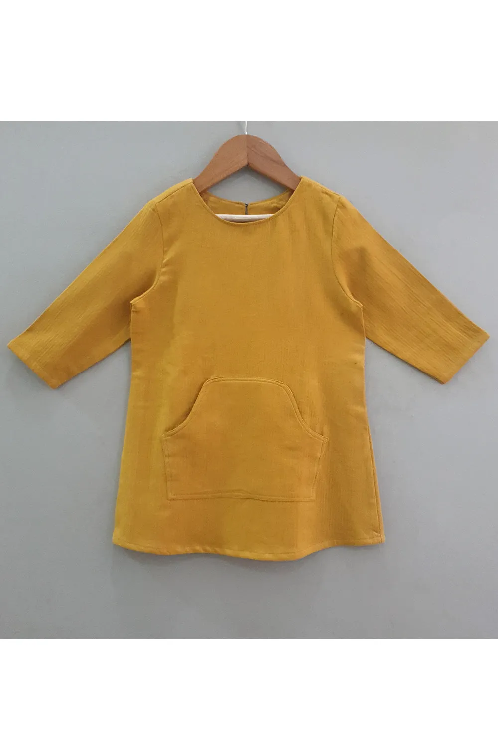 Mustard Yellow Thread Embroidered Bunny Linen Dress
