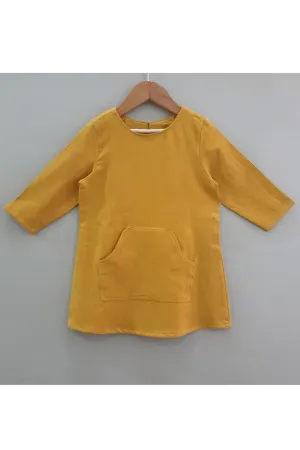 Mustard Yellow Thread Embroidered Bunny Linen Dress