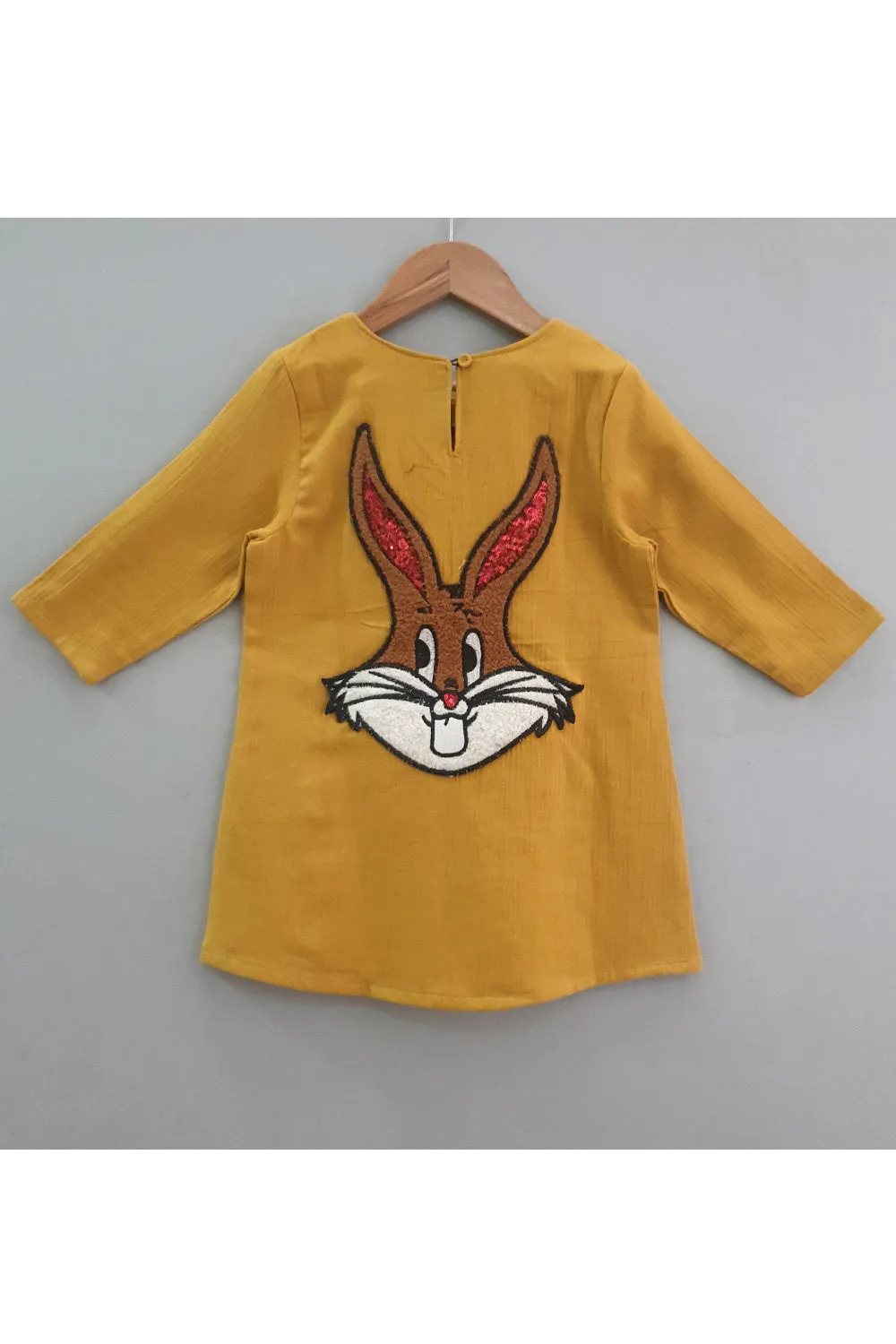 Mustard Yellow Thread Embroidered Bunny Linen Dress