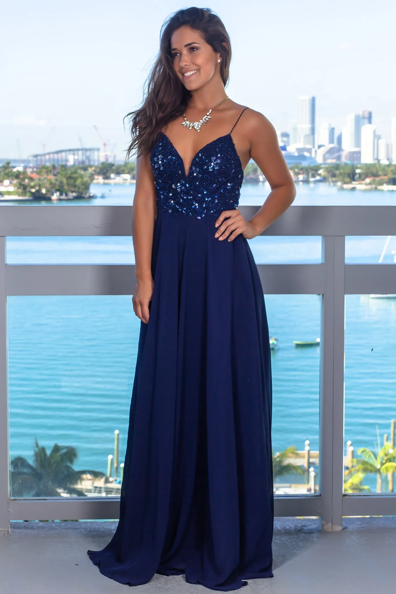 Navy Maxi Dress with Embroidered Sequin Top